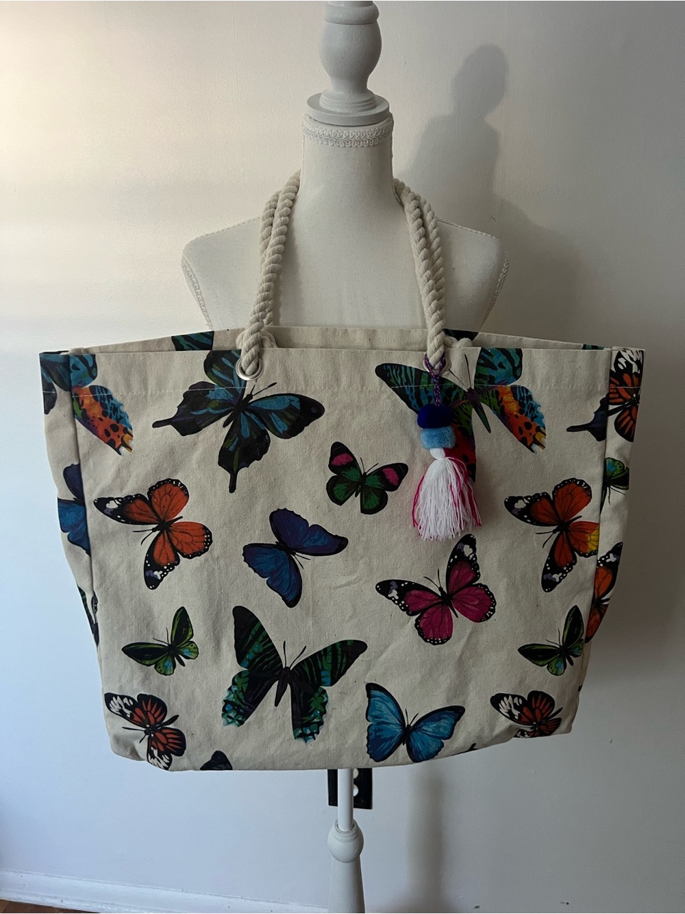 Canvas Butterfly Beach Large Summer Tote Bag with Rope Handles - Natural, 18x20”